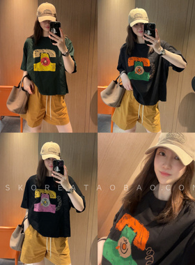 短款也显瘦～现货2026粉色橙色电话印花宽松短款短袖T恤