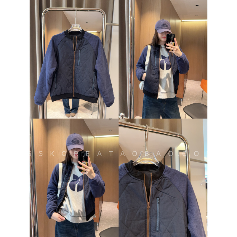 深圳高端～现货2025高级感配色菱格薄棉绒面拼接棒球夹克服外套