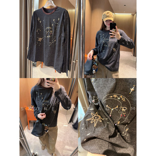 深圳南油高端货～现货2025春秋手工钉珠显瘦星座撞色黑灰长袖T恤