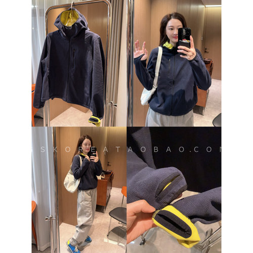现货人手一件抓绒巨显瘦外穿内搭户外日常黄绿色撞色藏青拉链外套