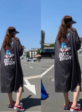 现货韩国2026夏季灰色oversize大码洋气中长款T恤式宽松连衣裙