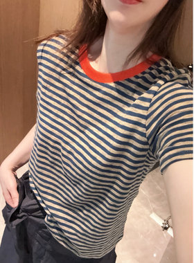 大弹力敲漂亮撞色~现货2026橙色藏青洋气咖色条纹显瘦百搭短袖T恤
