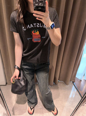敲洋气深烟灰色~现货柔软显瘦四季好穿搭蔬菜印花字母小版短袖T恤