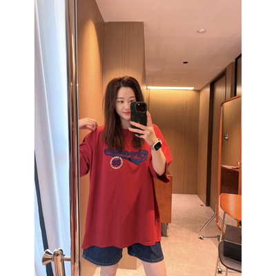 红色做旧水洗～现货2026美式盖臀大版宽松oversize高个子短袖T恤