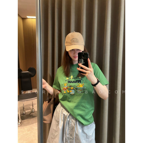 显白草绿色~现货2026春夏新款显瘦小版正肩印花短袖T恤