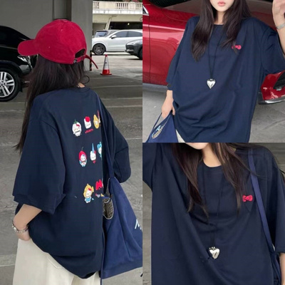 现货韩国2065夏季新款水洗软棉藏青色卡通印花宽松大版短袖T恤