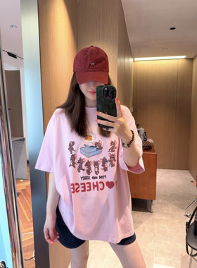 推荐显白樱花粉～现货2026卡通印花大版宽松高个子盖臀短袖T恤