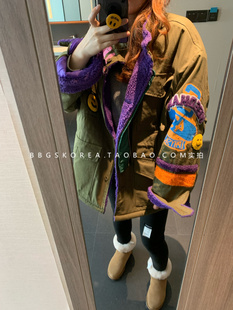 7折现货2025冬季 重工加绒加厚军绿色贴布紫色羊羔宽松外套 装