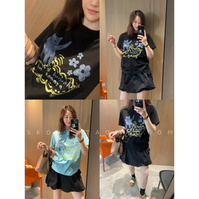 喵星人涂鸦～现货2026太显瘦蓝色印花正肩黑色小版宽松短袖T恤