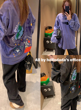 现货2026春秋季新款帅酷水洗紫色印花宽松大码长袖T恤