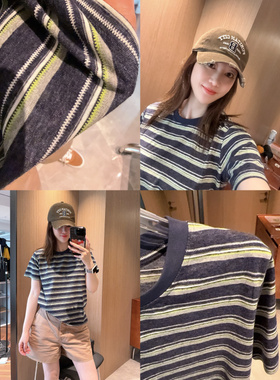 现货定制面料牛仔雾面感彩色条纹显瘦~正肩高级通勤基础短袖T恤