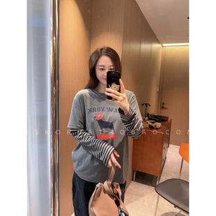 T恤 ～现货2025磨毛洋气头盔小狗印花条纹假两件长袖 升级版 再推荐