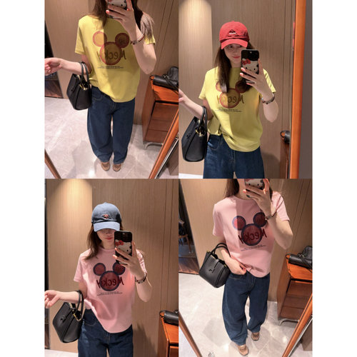 显白芥末黄色～现货2026春夏显瘦印花正肩粉色短袖T恤