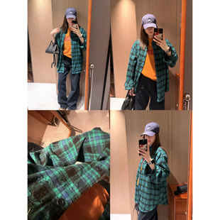 衬衫 特殊定制磨破面料～现货2026夏季 初春绿色格子宽松大版