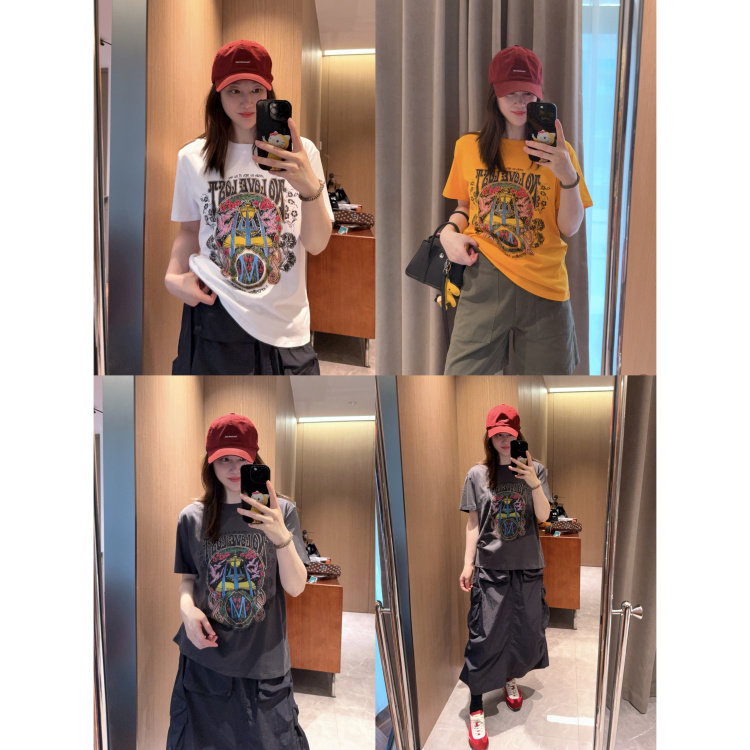 芒果色休闲范～现货2026小宽松百搭美式印花白色灰色短袖T恤