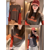大弹力显瘦长袖 现货2026春季 巨好看橙红色字母假两件撞色修身 T恤