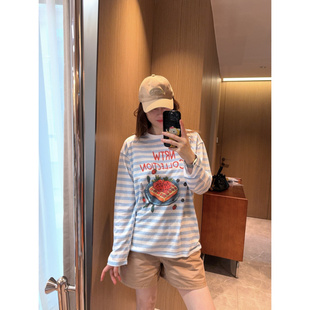 现货韩系清爽蓝白条纹～赛莱尔凉快透气耐洗小宽松长袖防晒T恤
