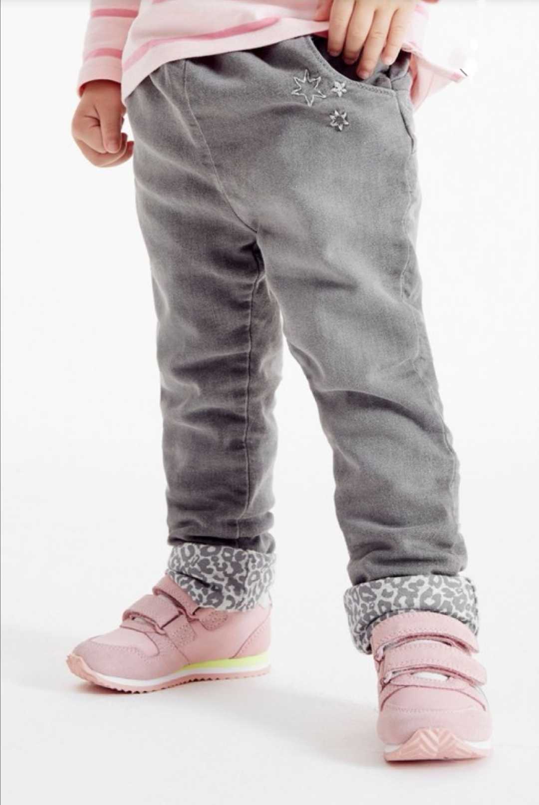 【现货】英国next女宝女童灰色豹纹卷边卡通松紧腰双层牛仔裤PP裤