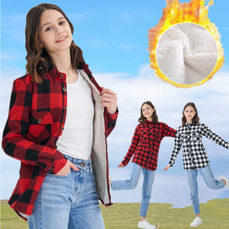 中学生衬衫女加绒格子纯棉外套