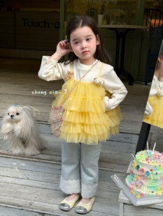 凡妈童装26春款女童小童韩系玩偶吊带网纱T恤两件上衣花边牛仔裤