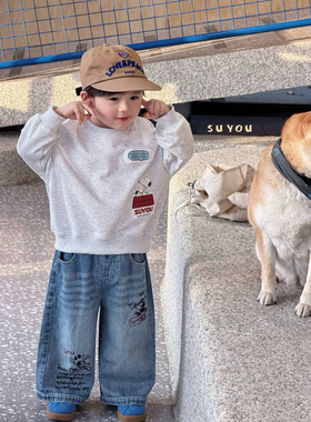 凡妈童装26春新款男童小童韩版动漫卡通印花卫衣米奇牛仔直筒长裤