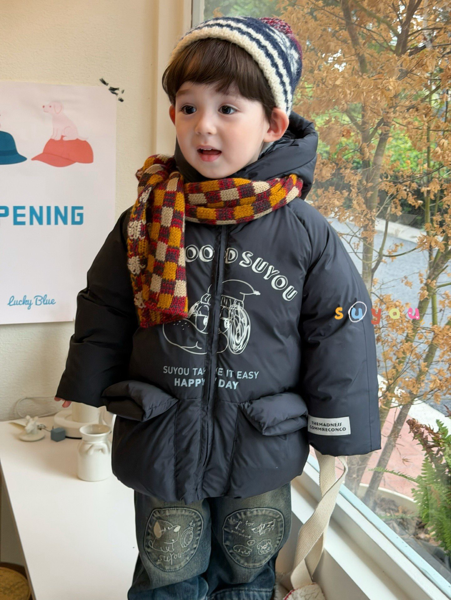 凡妈童装2025冬季新款男童小童韩版卡通小狗简笔画羽绒服外套洋气