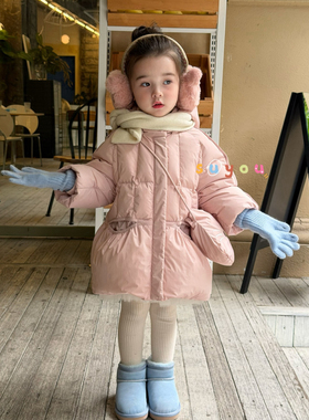 凡妈童装冬季新款女童小童韩版可爱KT猫挎包蝴蝶结连帽羽绒服外套