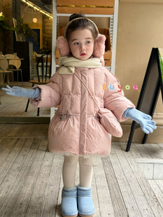 凡妈童装冬季新款女童小童韩版可爱KT猫挎包蝴蝶结连帽羽绒服外套