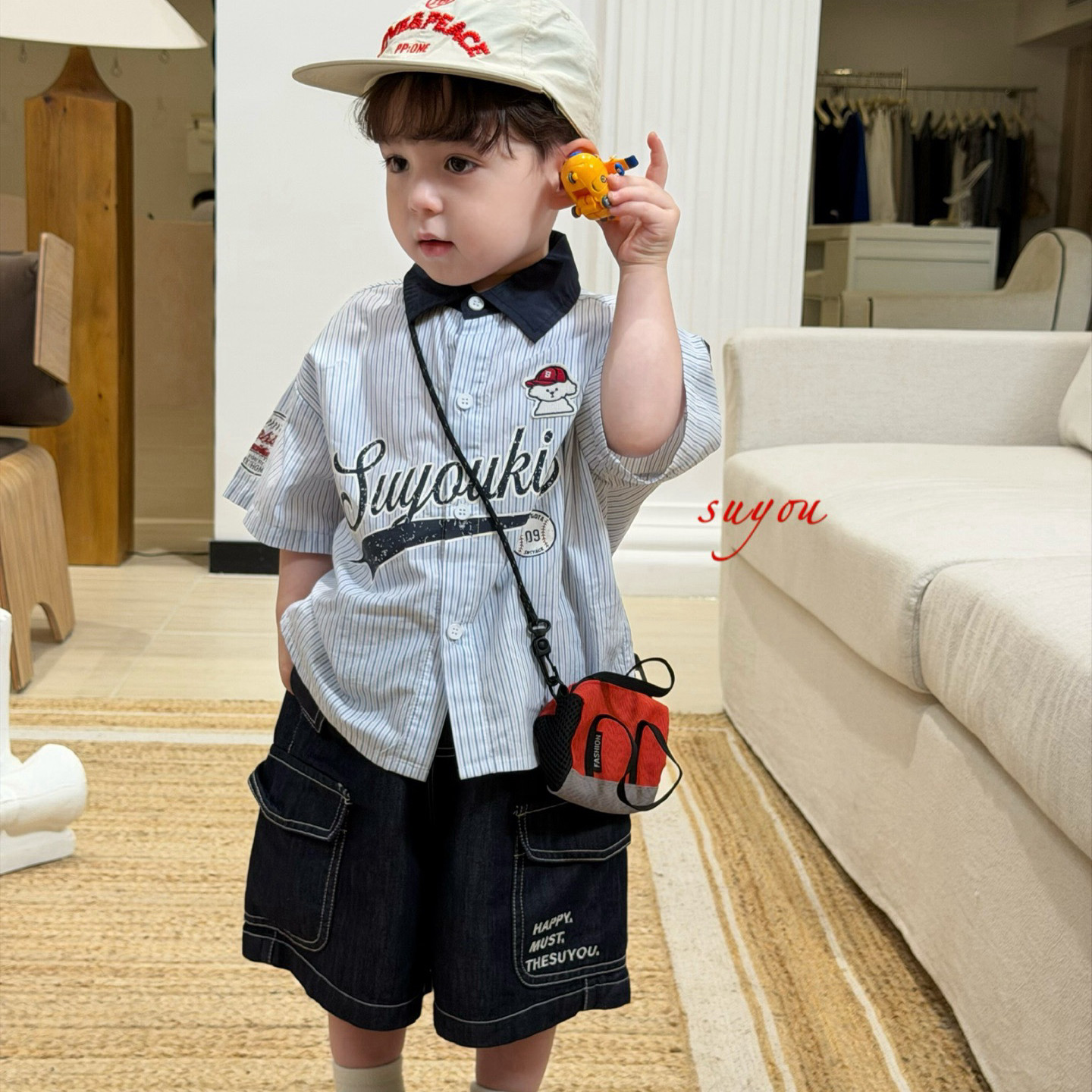 凡妈童装26夏季新款男童小童韩版薄牛仔中裤休闲条纹棉布衬衫洋气