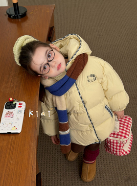 凡妈童装2025冬季新款女童小童韩系KT猫格子边连帽羽绒服外套洋气