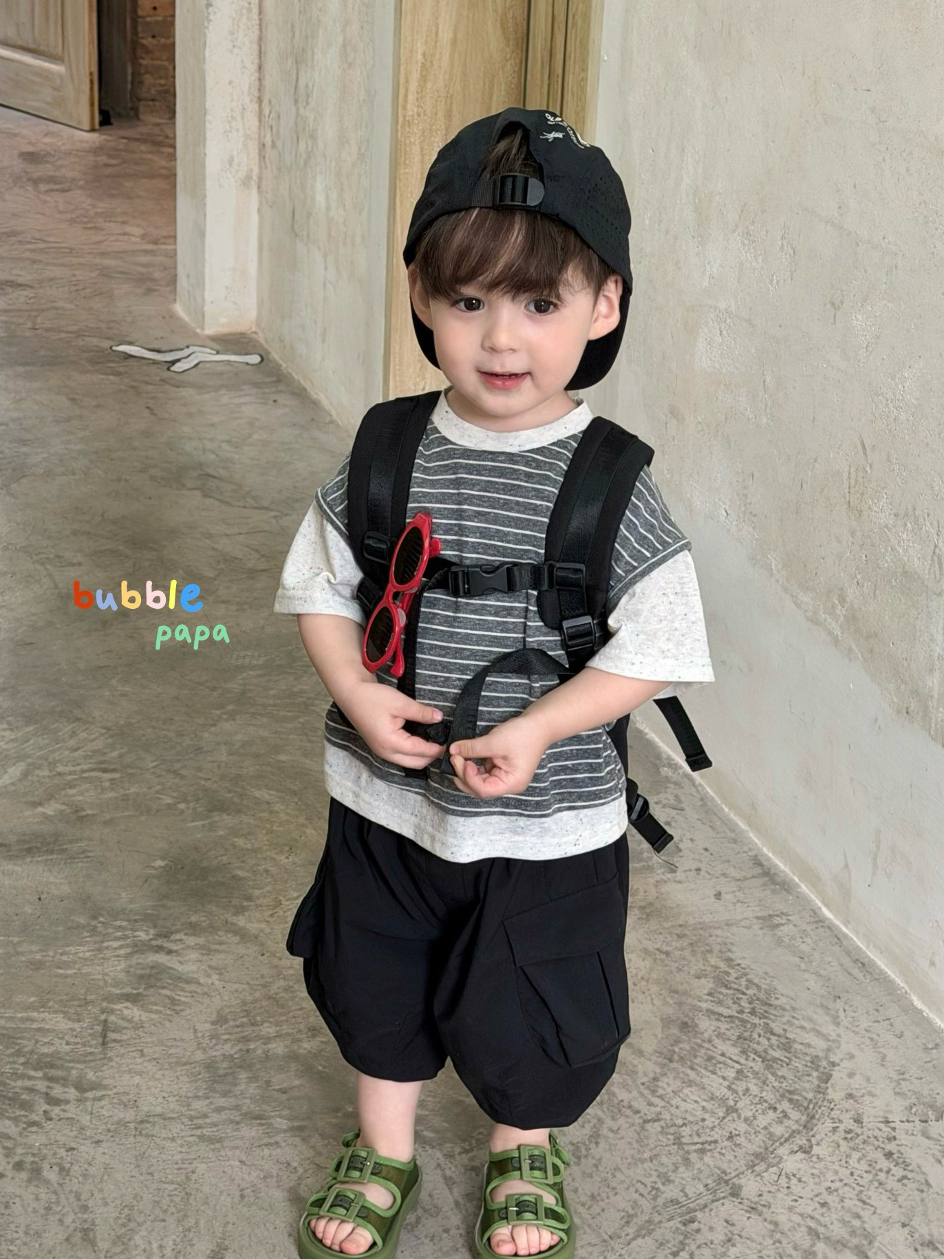 凡妈童装26夏季新款男童小童韩版口袋休闲短裤拼色条纹假两件T恤