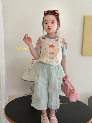 凡妈童装26夏季新款女童小童韩版裙摆休闲七分裤卡通涂鸦拼色T恤