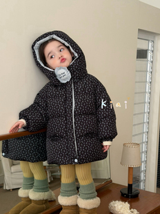 凡妈童装25冬季新款女童小童韩版甜美碎花中长连帽羽绒服外套洋气