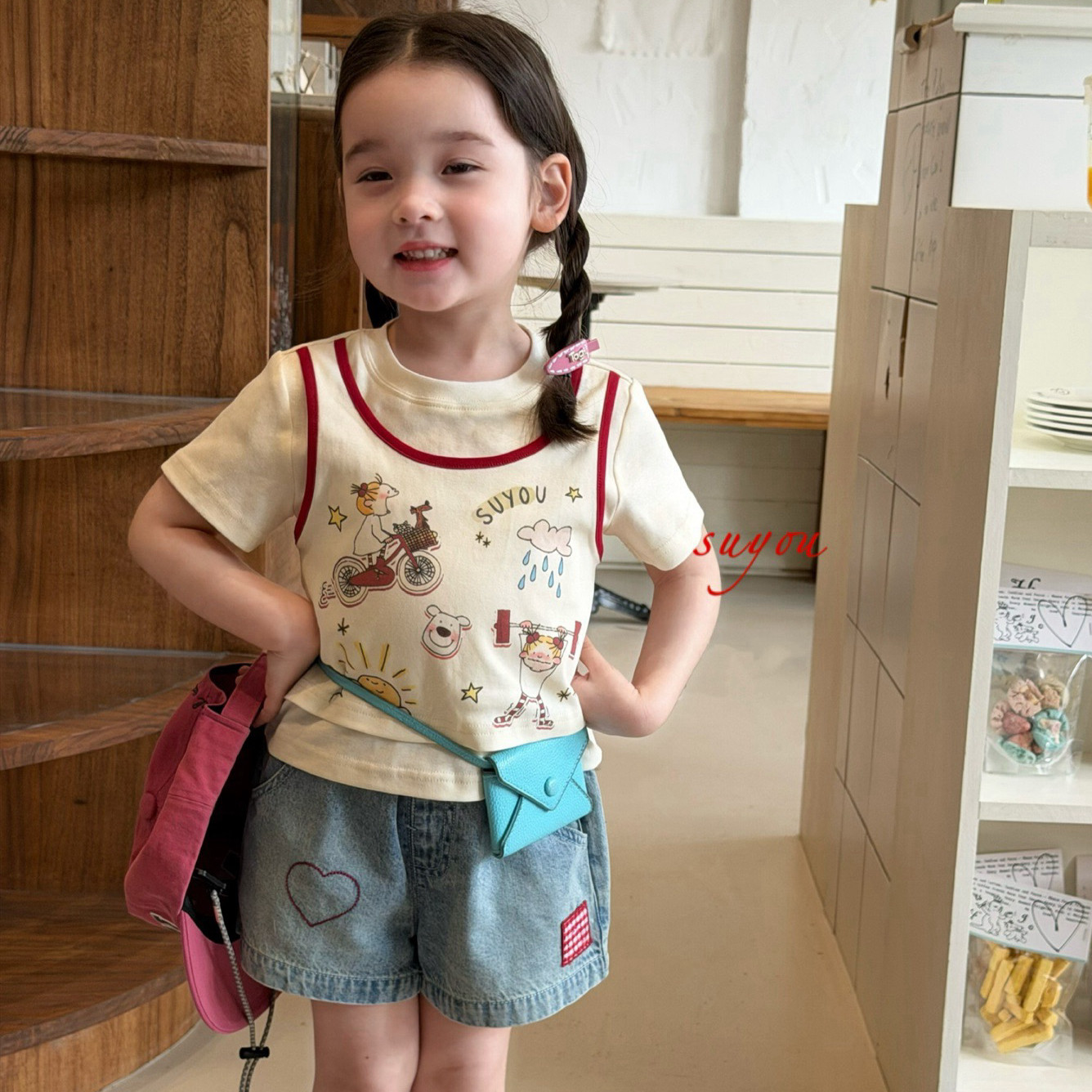 凡妈童装2026夏新款女童小童韩版爱心贴布牛仔短裤卡通假两件T恤