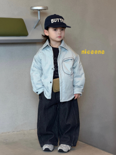 凡妈童装2026秋冬新款男童小童韩版加绒条纹休闲裤夹棉薄棉服外套