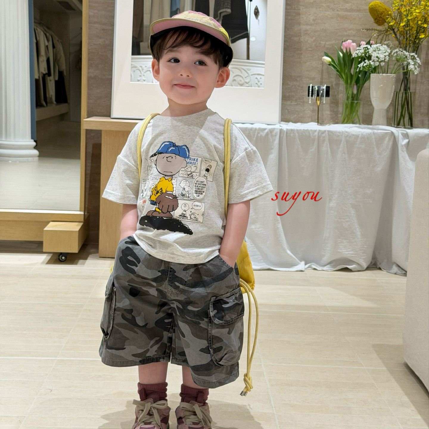 凡妈童装2026夏季新款男童小童韩版休闲迷彩中裤卡通印花T恤洋气