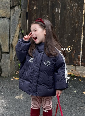 凡妈童装25冬季新款女童小童韩版可爱KT猫刺绣连帽羽绒服外套洋气