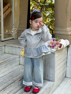 凡妈童装2026春款女童小童韩版格子荷叶边外套绣花边牛仔直筒长裤