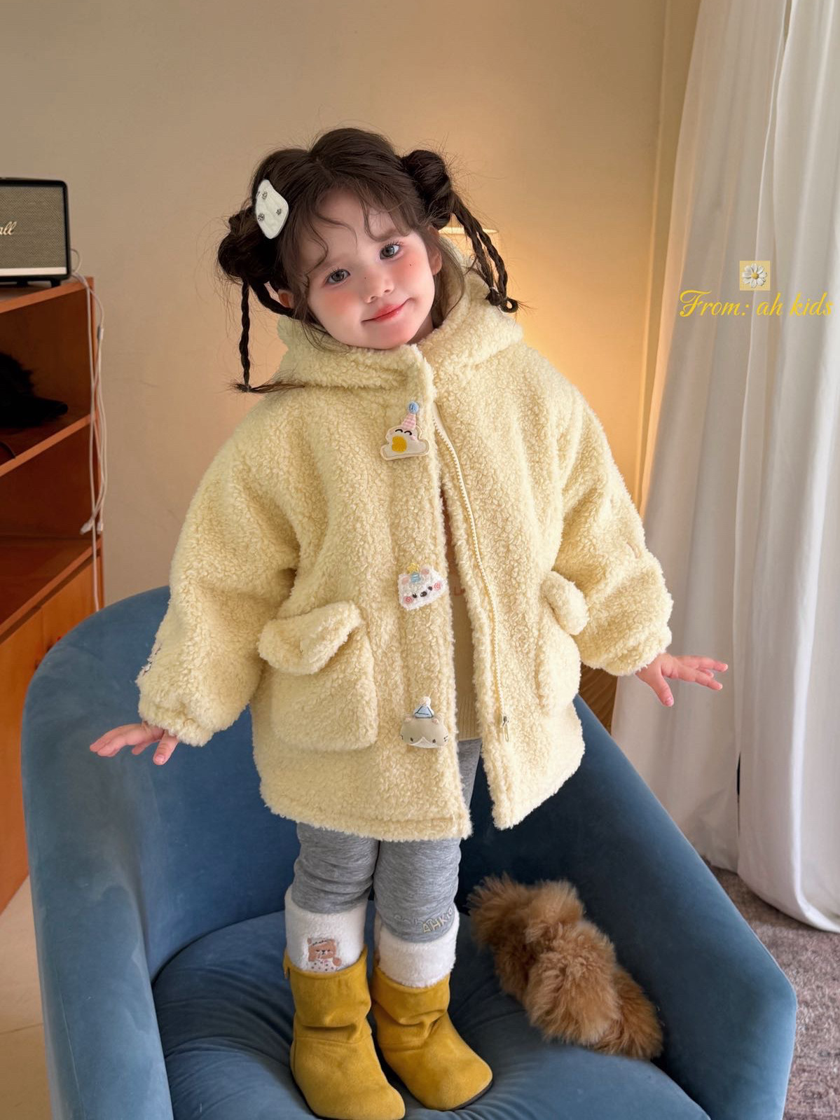 凡妈童装26秋冬款女童小童韩版加绒打底裤玩偶扣连帽毛毛棉服外套
