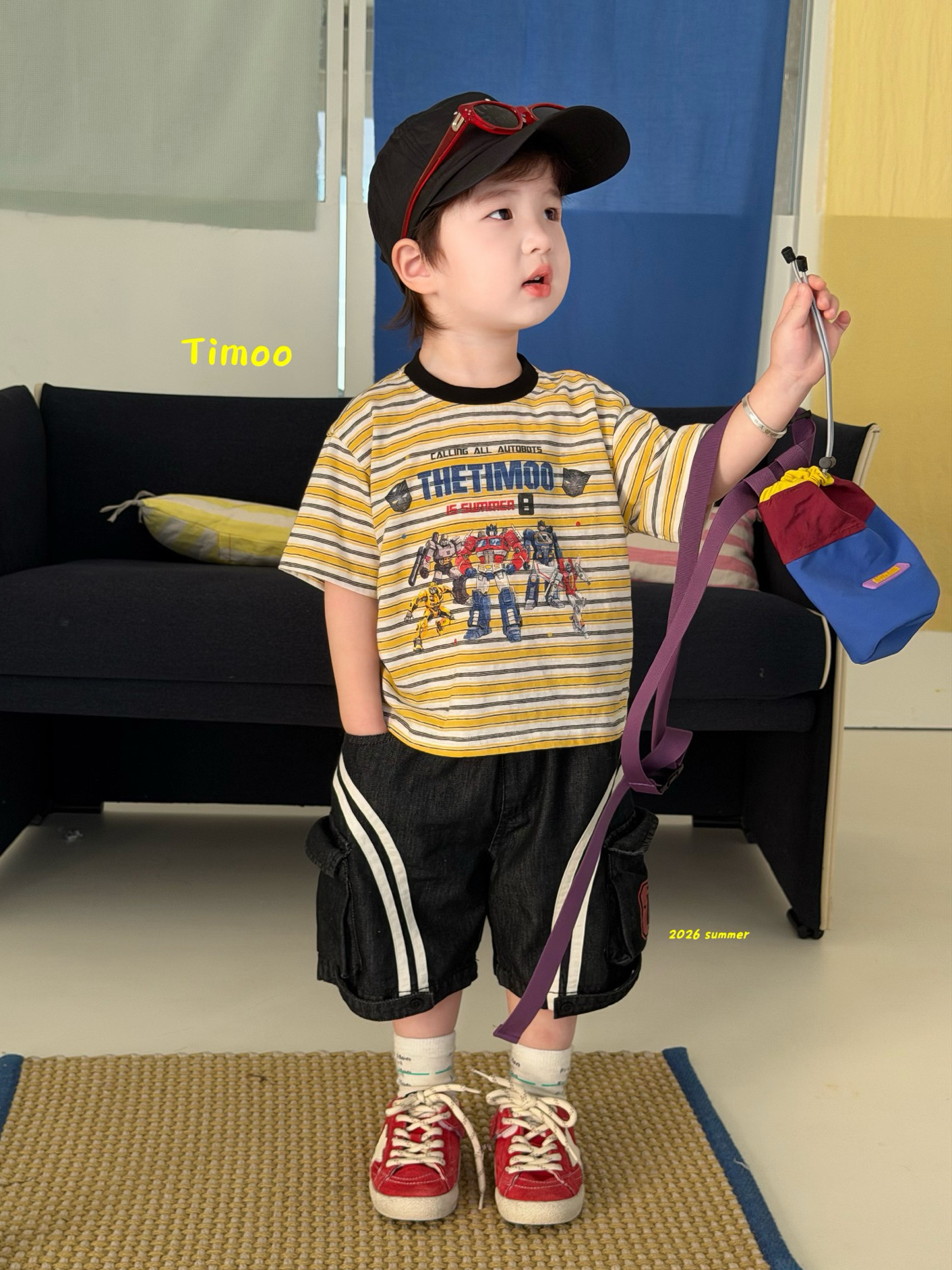 凡妈童装2026夏季新款男童小童韩版休闲薄牛仔中裤条纹机器人T恤