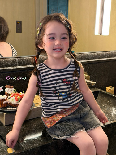 夏季女童小童条纹背心牛仔短裤