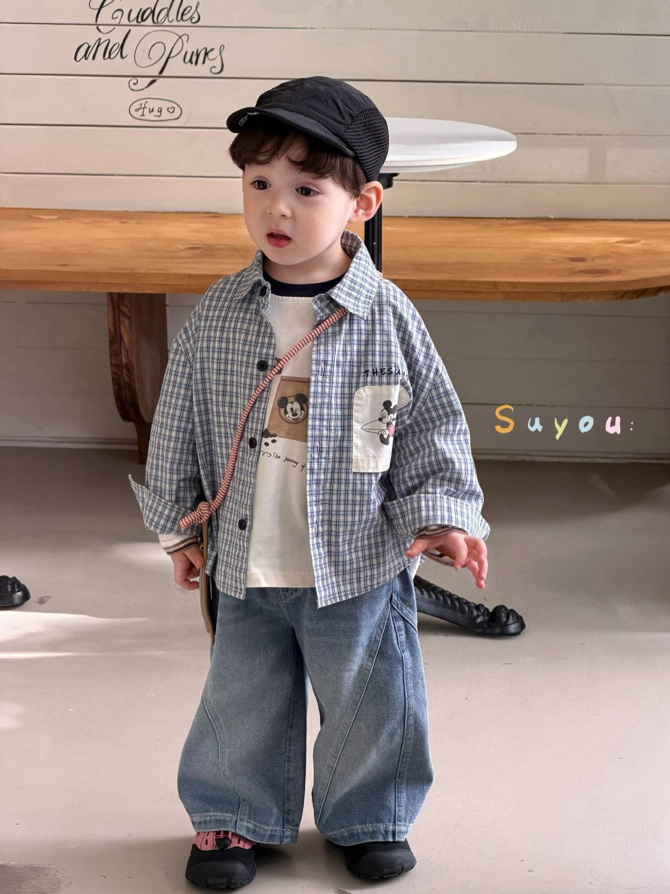 凡妈童装2026春新款男童小童韩版米奇格子衬衫条纹T恤洋气牛仔裤