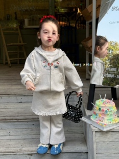 凡妈童装26春款女童小童韩版可爱KT猫连帽花边外套裙裤套装两件套
