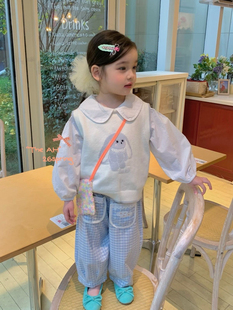 凡妈童装2026春款女童小童韩版可爱兔子针织背心棉质娃娃衫格子裤