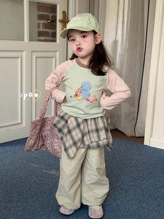 凡妈童装26春款女童小童韩版卡通小象涂鸦修身T恤格子裙边休闲裤