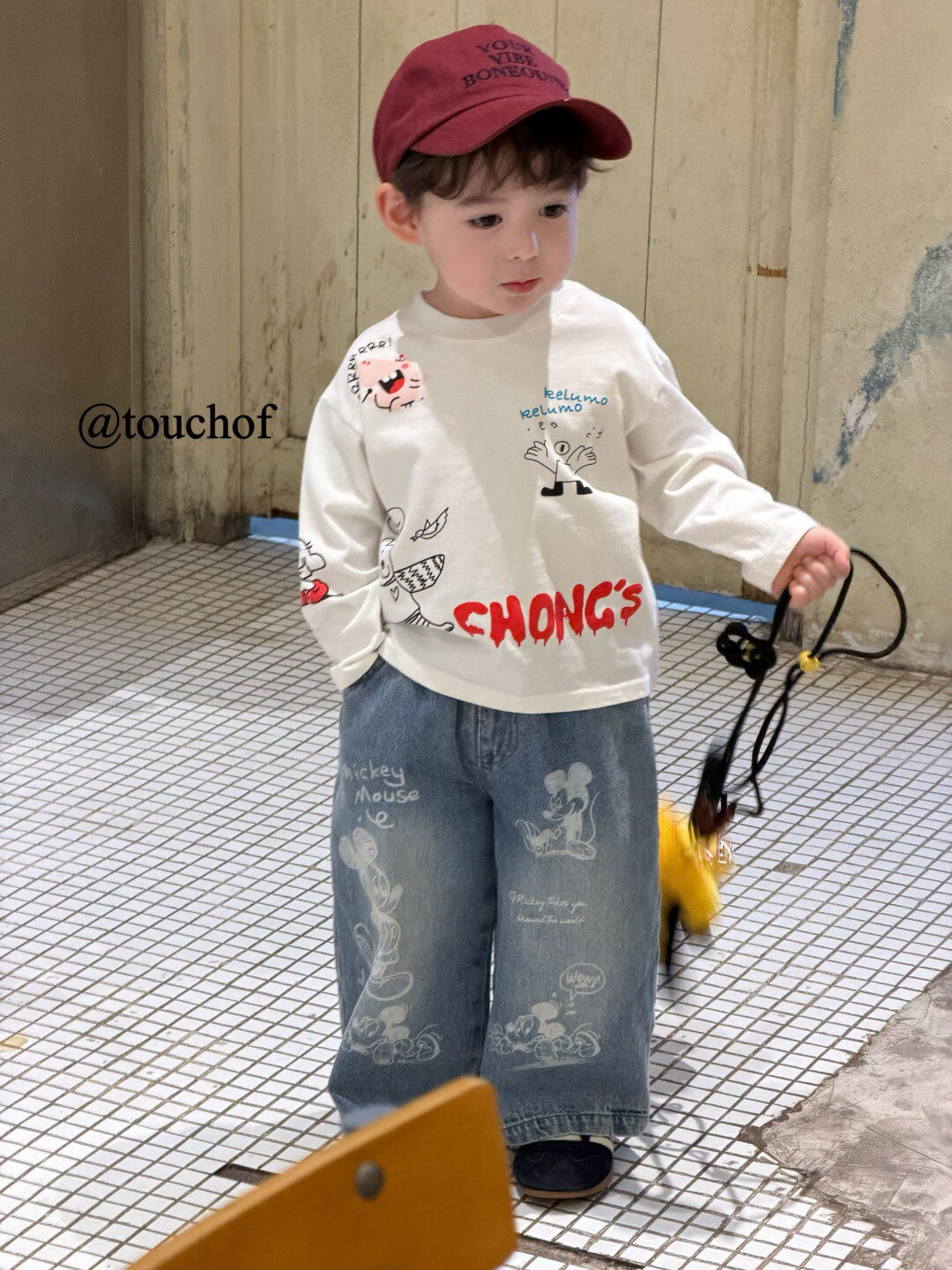 凡妈童装2026春新款男童小童韩版卡通动漫印花长袖T恤米奇牛仔裤