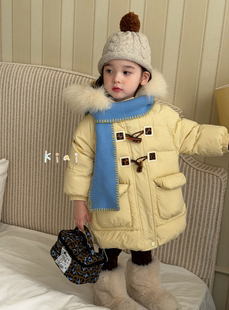 凡妈童装25冬季新款女童小童韩系洋气牛角扣大毛领羽绒服外套洋气