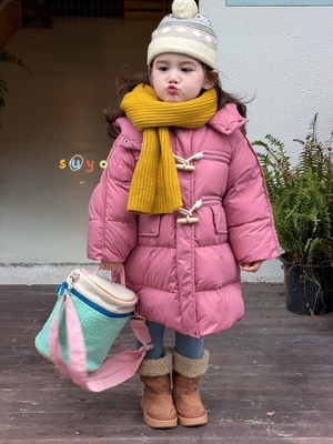 女童韩版牛角扣连帽中长款羽绒服