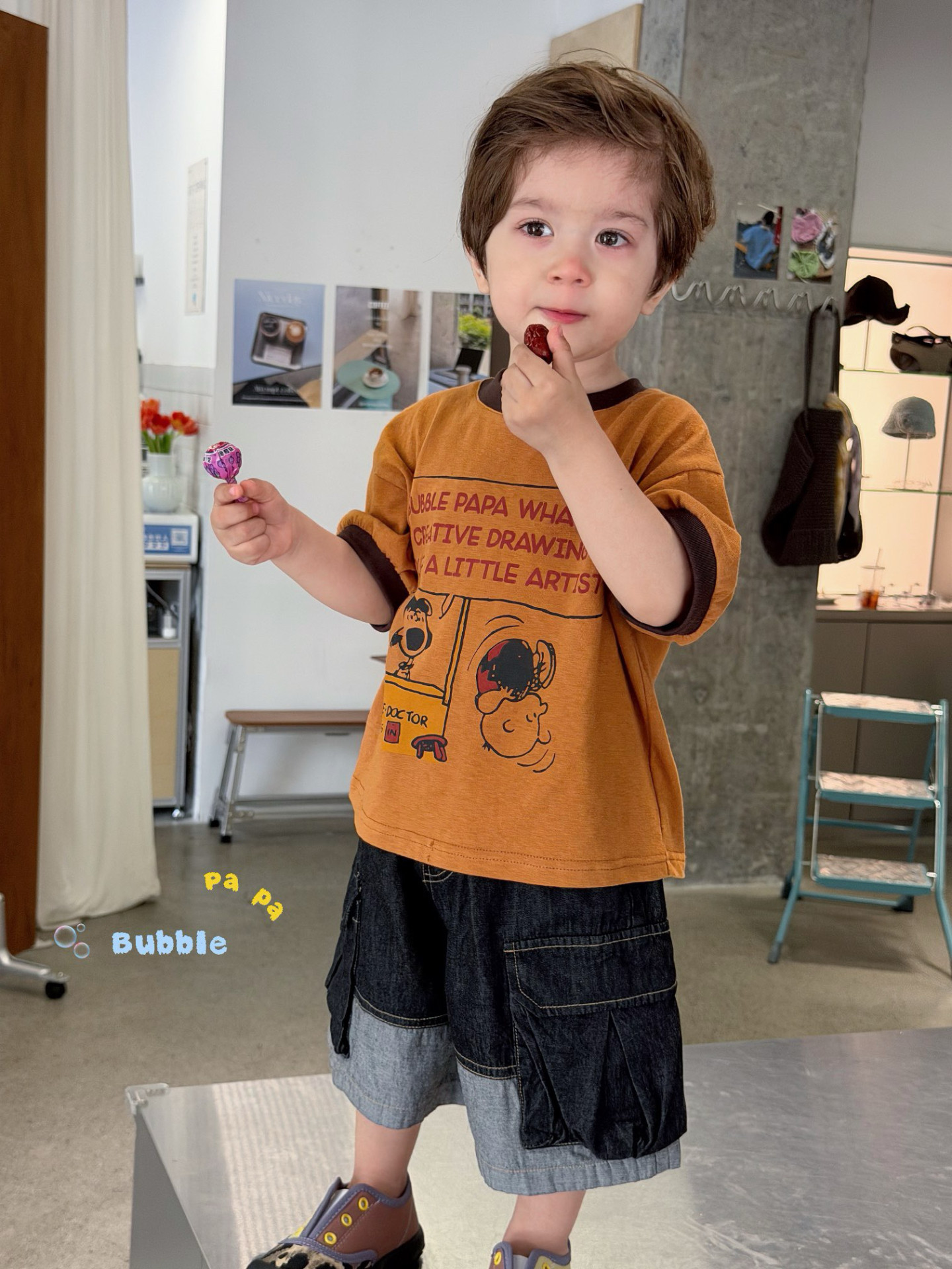 凡妈童装2026夏季新款男童小童韩版拼接休闲牛仔短裤卡通字母T恤