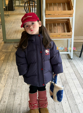 凡妈童装25冬季新款女童小童韩版卡通KT猫刺绣连帽羽绒服外套洋气